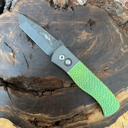 Pro-Tech 2024 Emerson Custom 001 CQC7 Auto Tanto Jigged Green Titanium Handle w/ Blasted Bolsters and Frame Nichols Damascus Blade