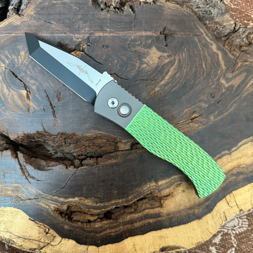 Pro-Tech 2024 Emerson Custom 002 CQC7 Auto Tanto Jigged Green Titanium Handle w/ Blasted Bolsters and Frame Two Tone DLC Satin Blade