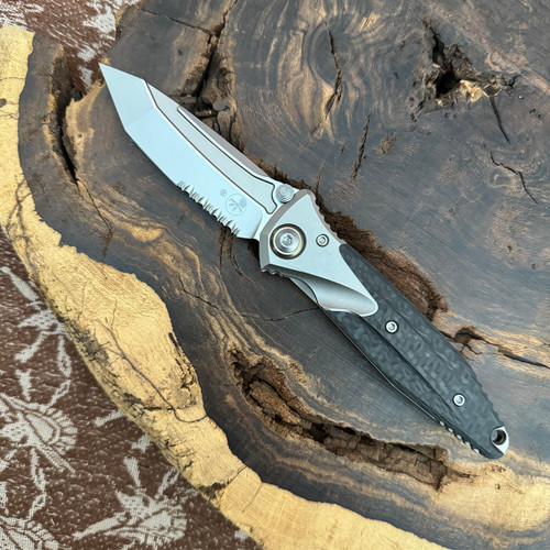 Microtech Socom Bravo Mini T/E Titanium Handle w/ Carbon Fiber Scales Bead Blast Serrated Blade Bronze Titanium Pivot Collar 261M-8CFTI