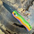 Pro-Tech Emerson CQC7 Auto Tanto Unique Micarta Green/Yellow/Orange Top DLC Blade Pearl Button