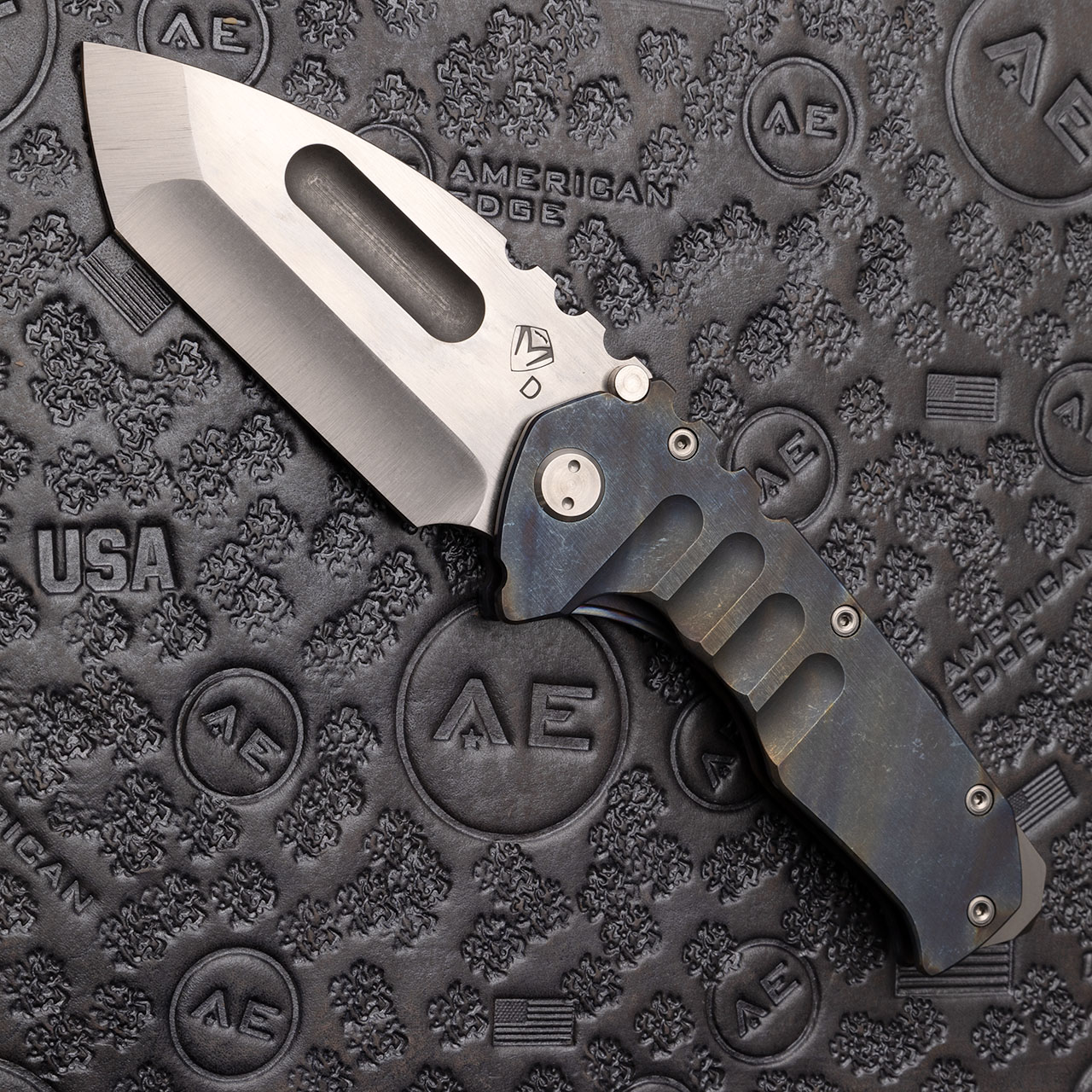 Medford Praetorian Tanto Frame Lock Flamed Blue Titanium Handles