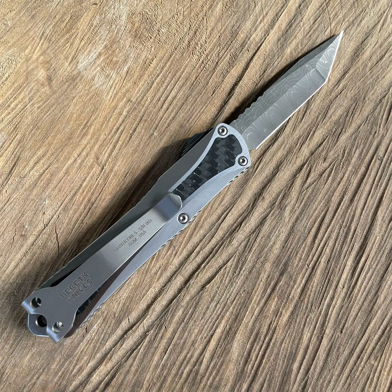 Heretic Knives Manticore S Tanto Stainless Steel Handle w/ Carbon Fiber Inlay Hand Ground
