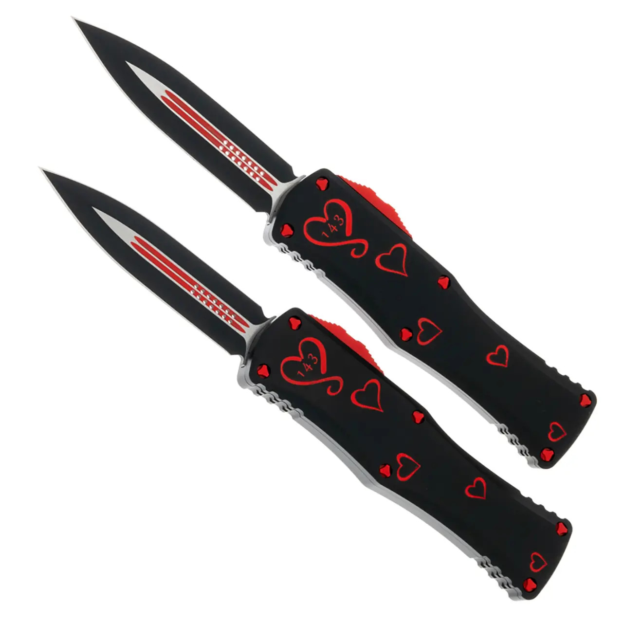 Microtech Hera D/E Twin Flames Set Black w/ Deep Engraved Red Hearts  Handles Two Tone Standard Blades Signature Series 702-1SETTFS