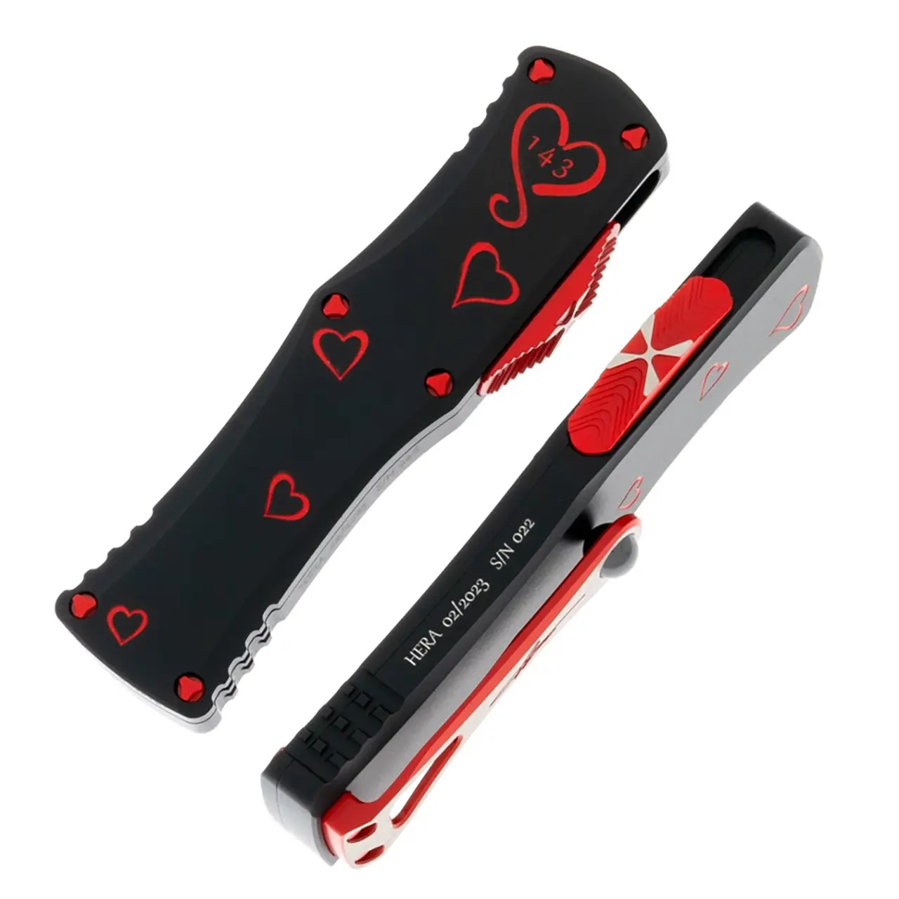 Microtech Hera D/E Twin Flames Set Black w/ Deep Engraved Red Hearts Handles  Two Tone Standard Blades Signature Series 702-1SETTFS