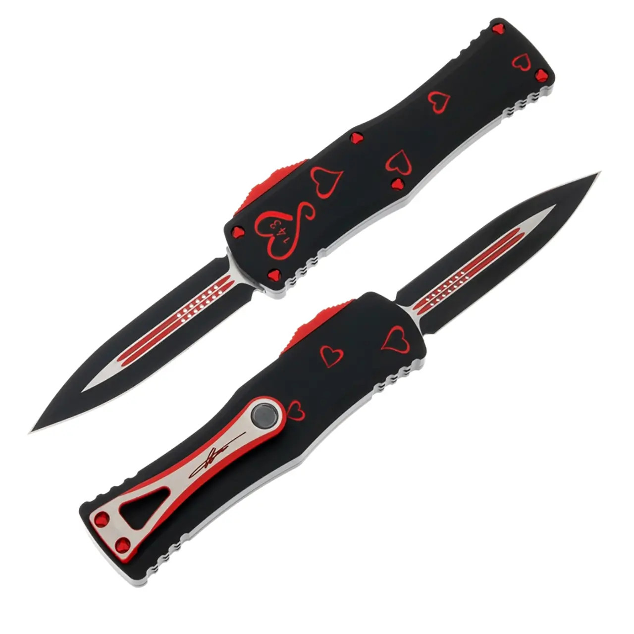 Microtech Hera D/E Twin Flames Set Black w/ Deep Engraved Red