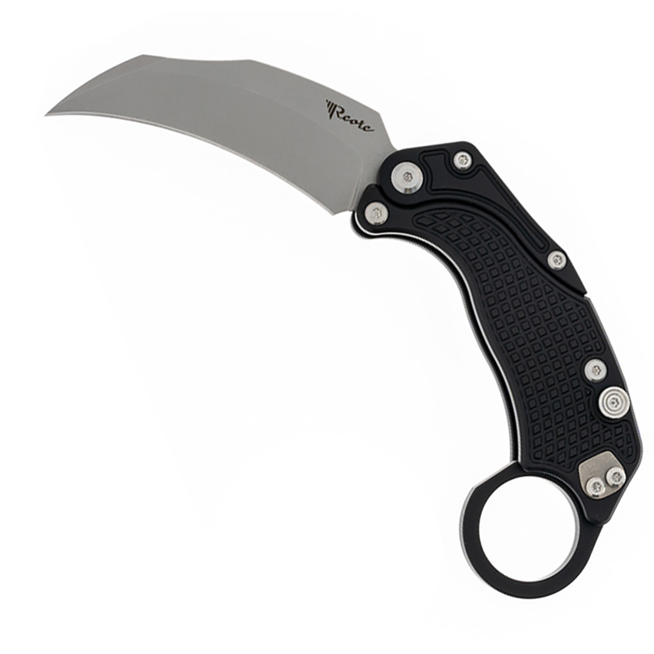 Reate Knives EXOK Button Lock Karambit Gravity Knife Black Handle Stonewash Blade w/ Trainer