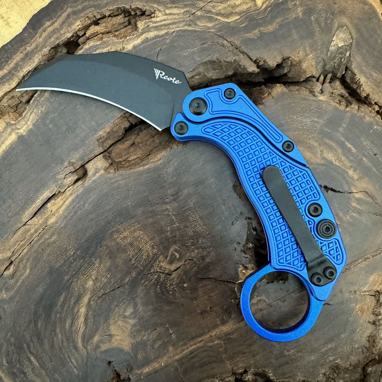 Reate Knives EXOK Button Lock Karambit Gravity Knife Blue Handle Black