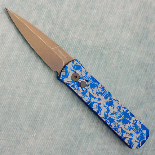 Pro-Tech Godson Solid Blue Skull Pattern Engraved Handle Bronzed Blade 720-BLUE AE CUSTOM SHOP | American Edge Knives