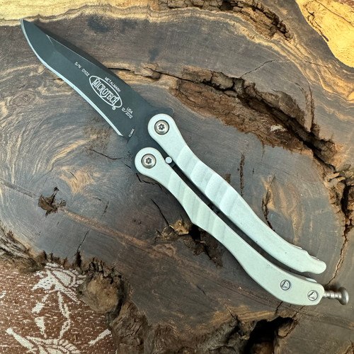 Microtech Metalmark Silver Aluminum Handles Black Blade Balisong ...