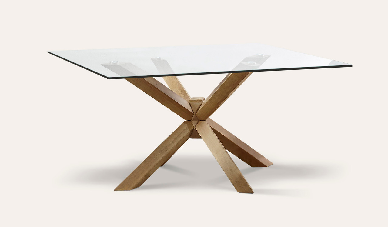 Miles Square Glass Top Dining Table With Chunky Geometric Timber Legs
