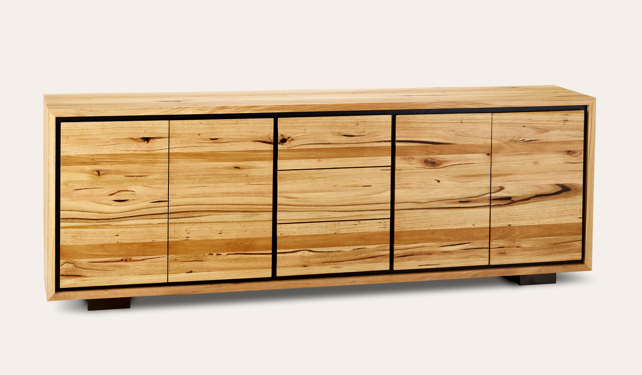 Eden large buffet in sustainable Australian messmate timber with sleek modern edges and black detailing, modern timber storage cabinet