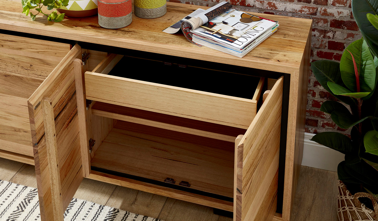 Eden small buffet in sustainable Australian messmate timber with sleek modern edges and black detailing