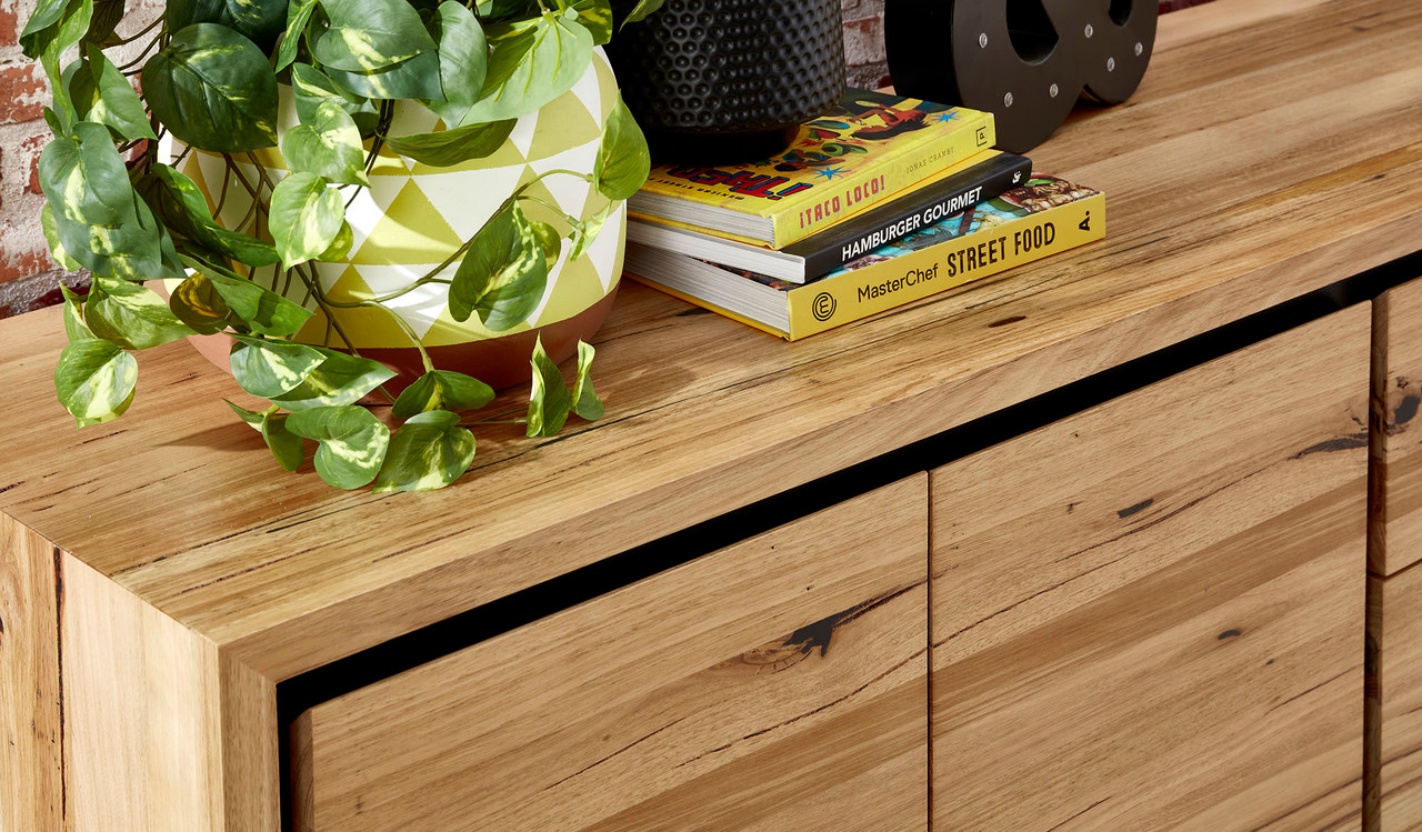 Eden small buffet in sustainable Australian messmate timber with sleek modern edges and black detailing