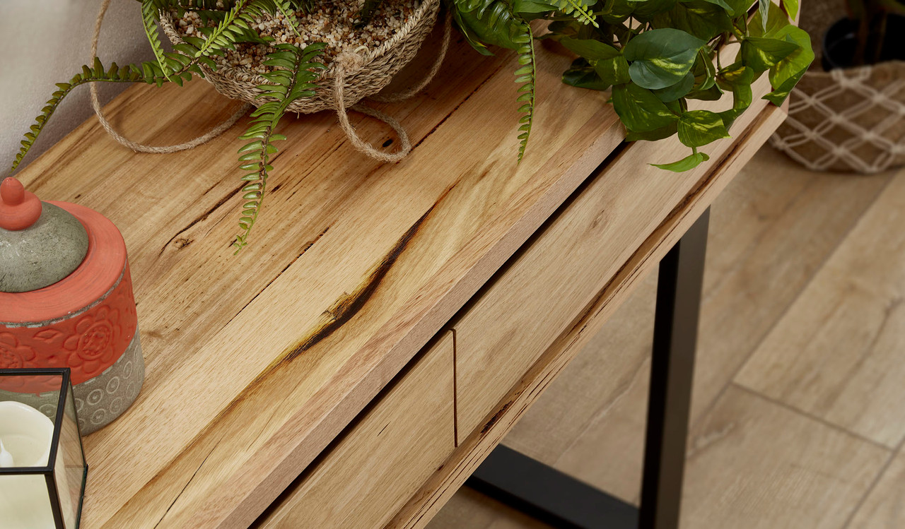 Eden hall table in sustainable Australian messmate timber with sleek modern edges and black detailing, contemporary timber console table