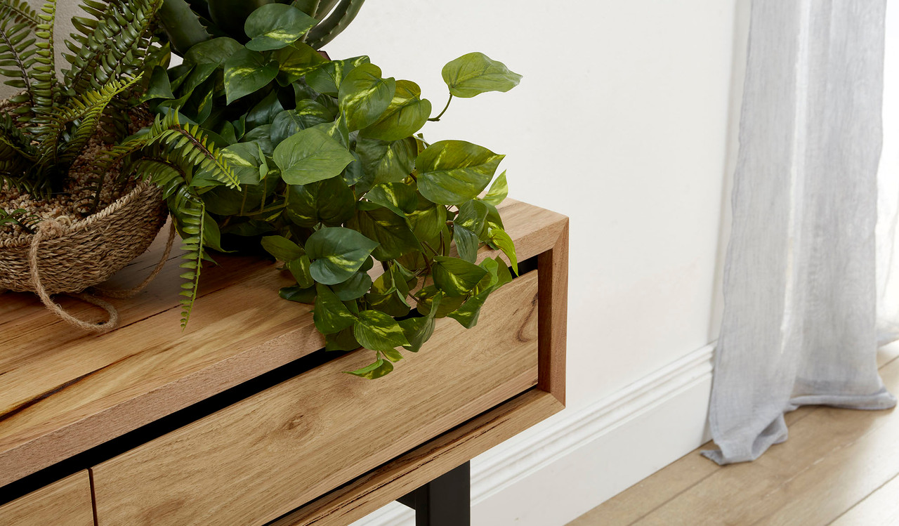 Eden hall table in sustainable Australian messmate timber with sleek modern edges and black detailing, contemporary timber console table