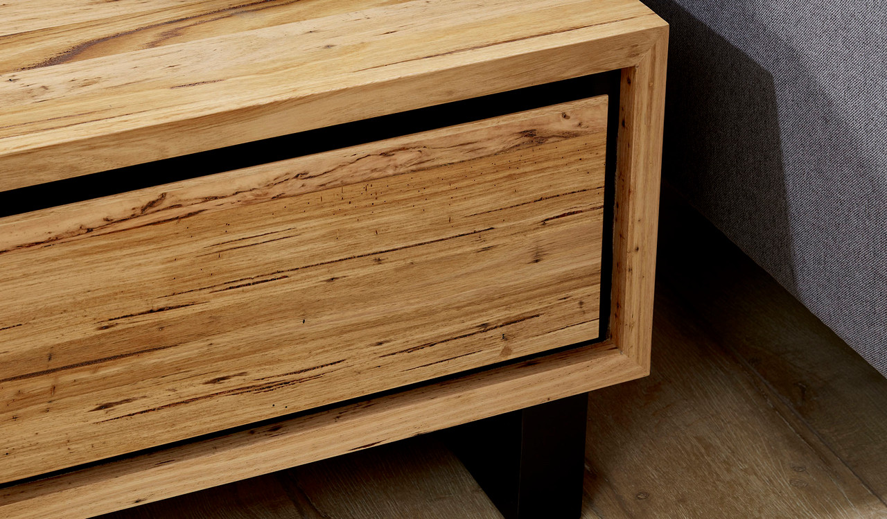 Eden lamp table in sustainable Australian messmate timber with sleek modern edges and black detailing, contemporary timber side table