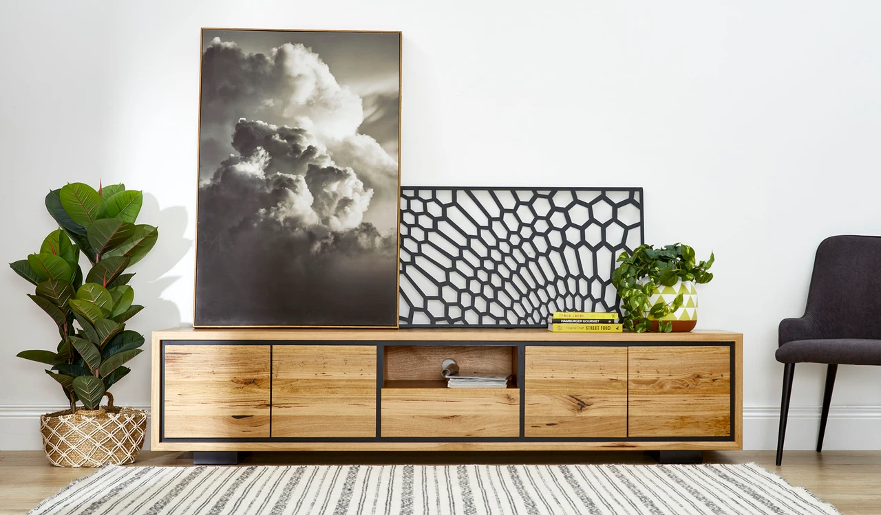 Eden large entertainment unit in Australian messmate timber with black detailing, modern wooden TV cabinet with storage drawers and shelves