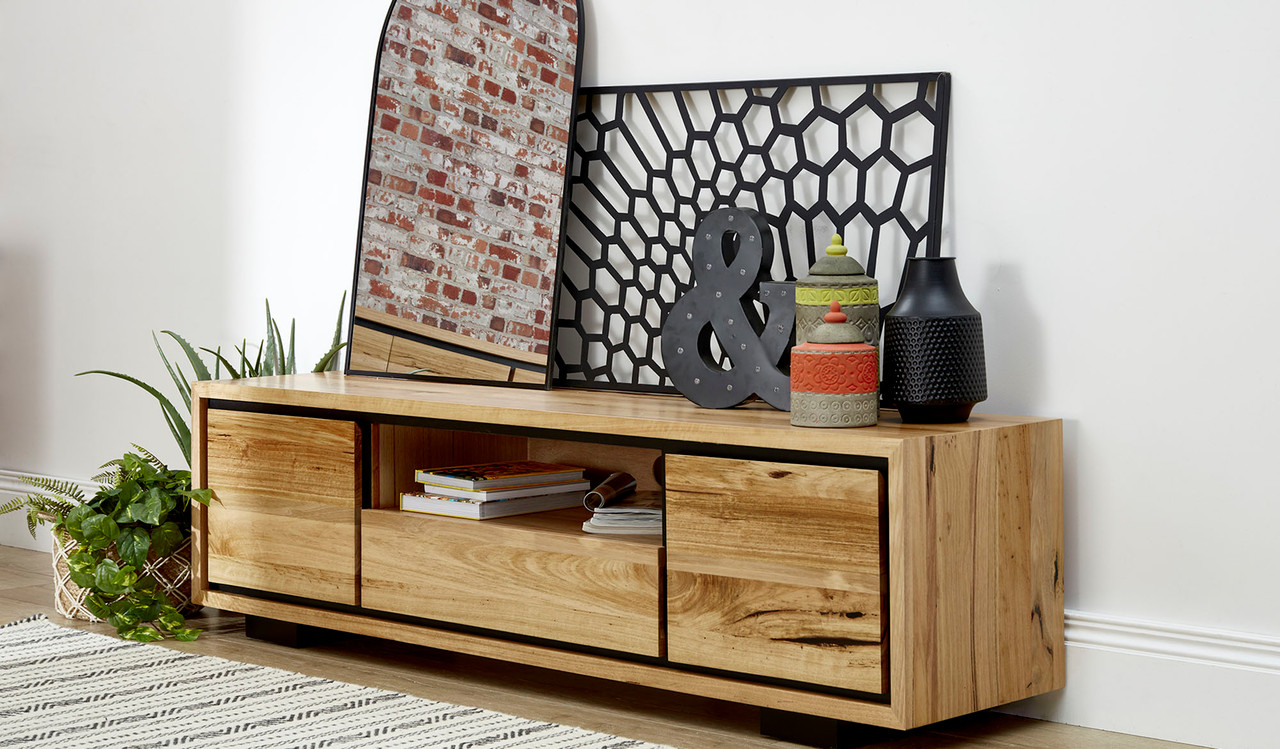 Eden small entertainment unit in Australian messmate timber with black detailing, compact wooden TV cabinet with storage drawers and shelves
