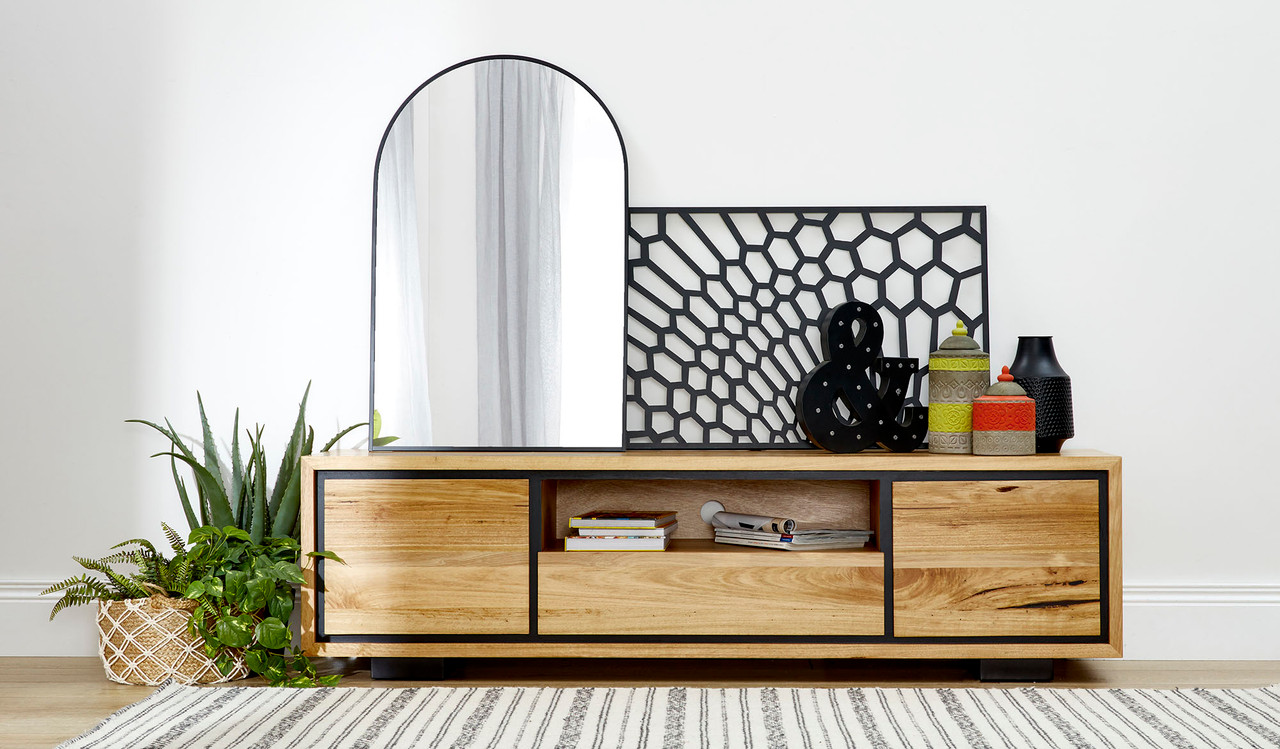 Eden small entertainment unit in Australian messmate timber with black detailing, compact wooden TV cabinet with storage drawers and shelves