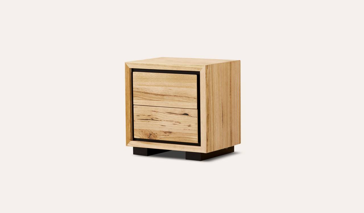 Eden tallboy suite in Australian messmate timber with black detailing, modern bedroom suite with tallboy and storage drawers