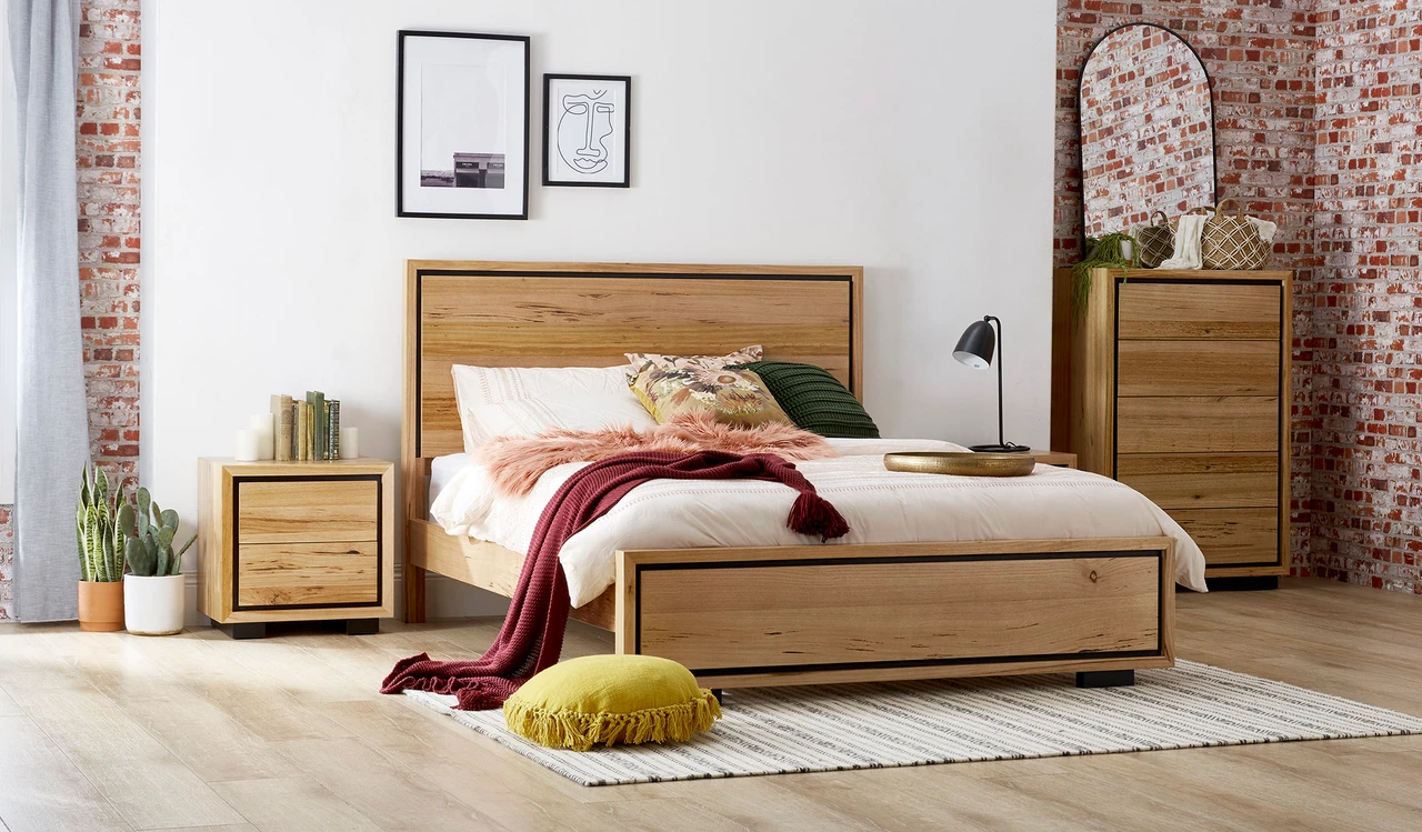 Eden tallboy suite in Australian messmate timber with black detailing, modern bedroom suite with tallboy and storage drawers