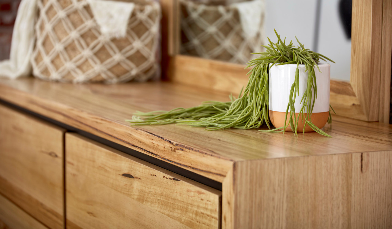 Eden dresser suite in Australian messmate timber with black detailing, modern bedroom storage with drawers and mirror