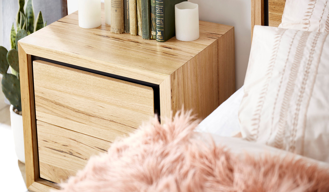 Eden dresser suite in Australian messmate timber with black detailing, modern bedroom storage with drawers and mirror