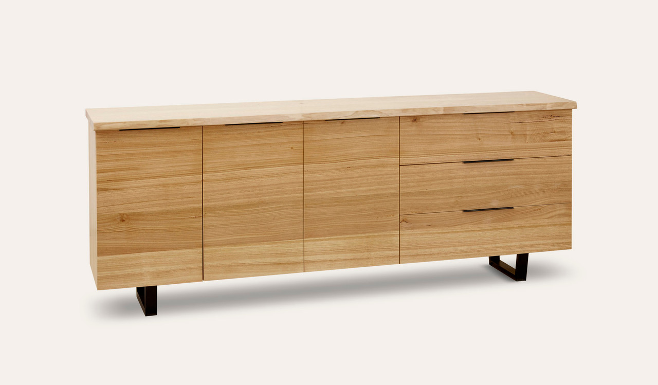 Braxton buffet in solid messmate timber with black metal legs and three storage drawers