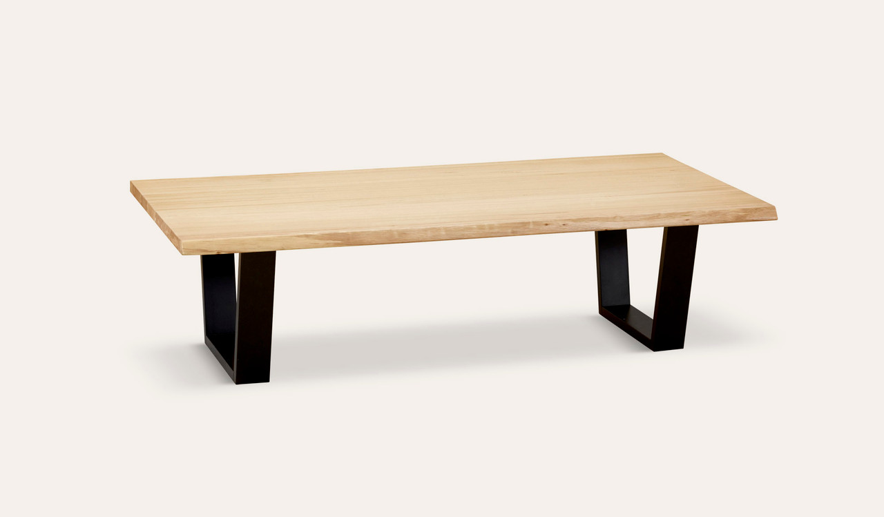 Braxton coffee table in solid messmate timber with black metal legs, modern rectangular timber coffee table