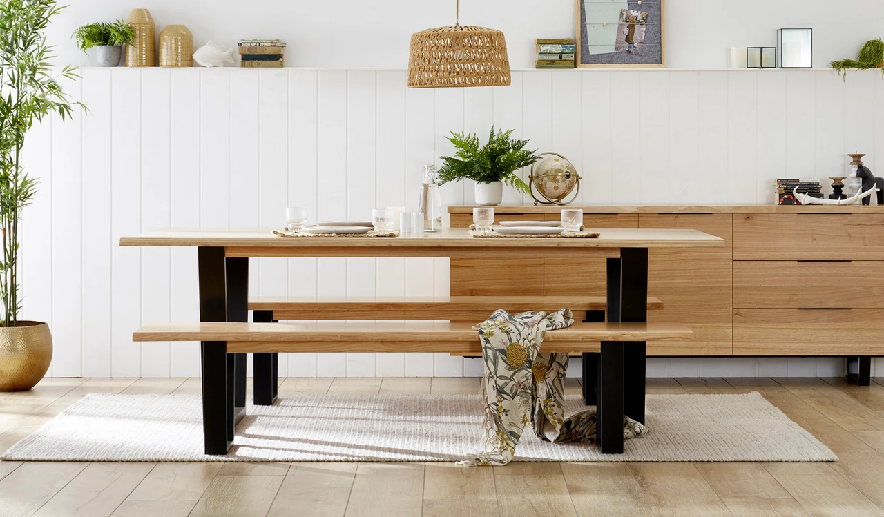 Braxton dining table in solid messmate timber with black metal legs, modern rectangular timber dining table