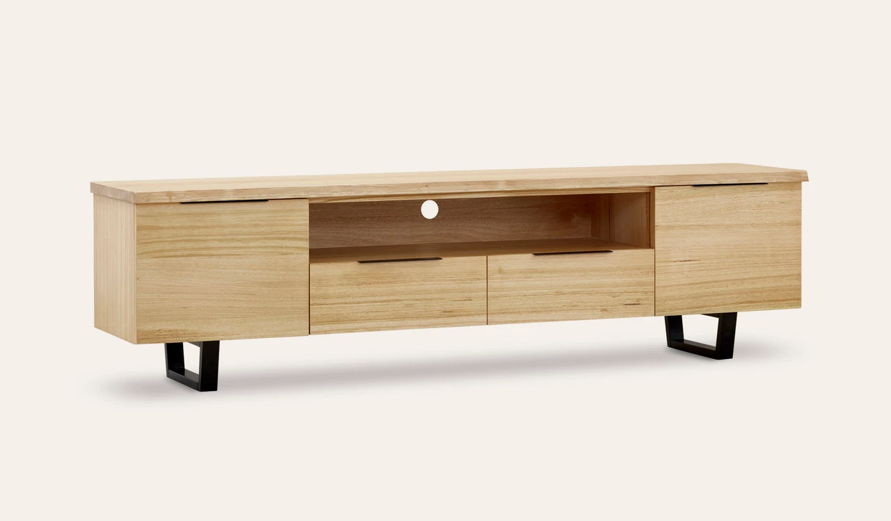 Braxton entertainment unit in solid messmate timber with black metal legs and multiple storage compartments