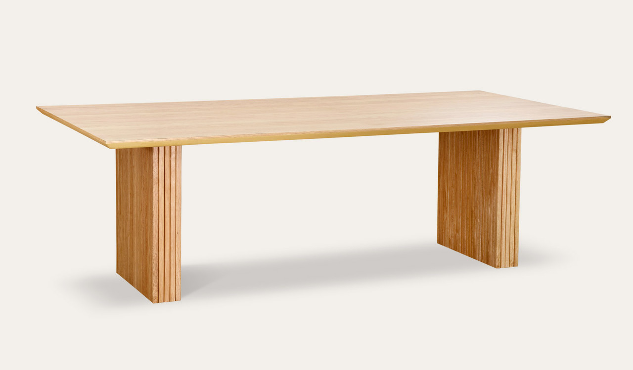 Denmark dining table in natural oak with matte clear finish and slatted timber legs, modern timber dining table