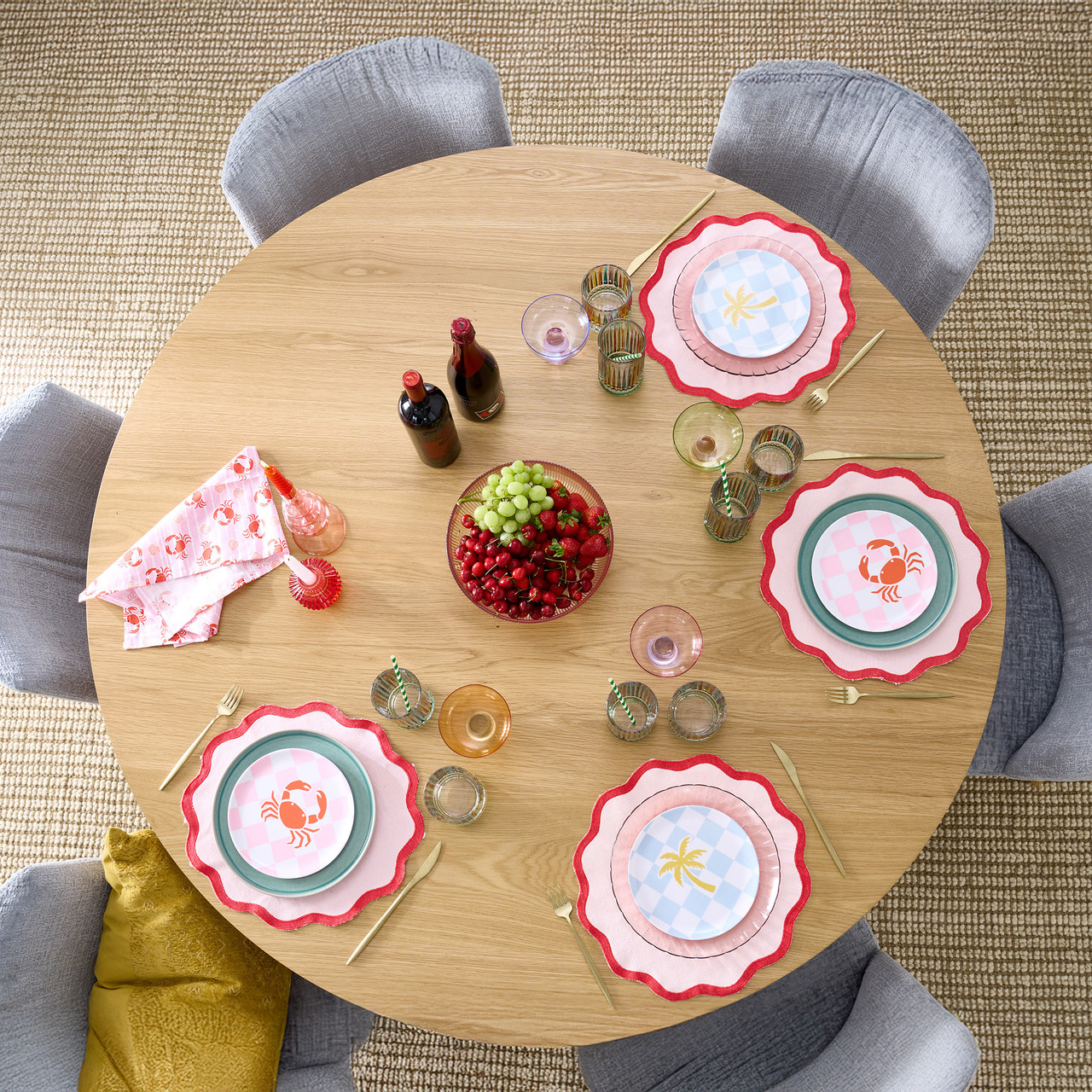 Denmark round dining table in natural oak with matte clear finish and slatted timber legs, modern timber dining table