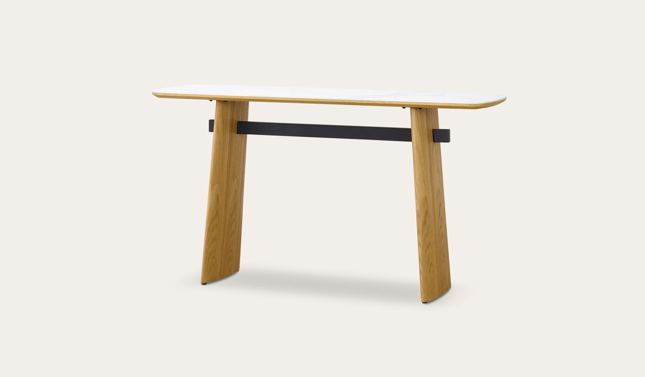 Cara hall table with matte white carrara-look ceramic top and natural oak finish, slim contemporary hallway table