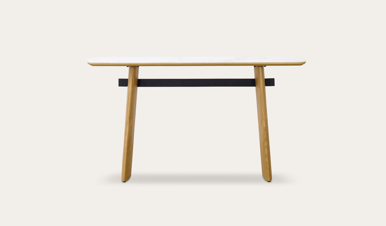 Cara hall table with matte white carrara-look ceramic top and natural oak finish, slim contemporary hallway table