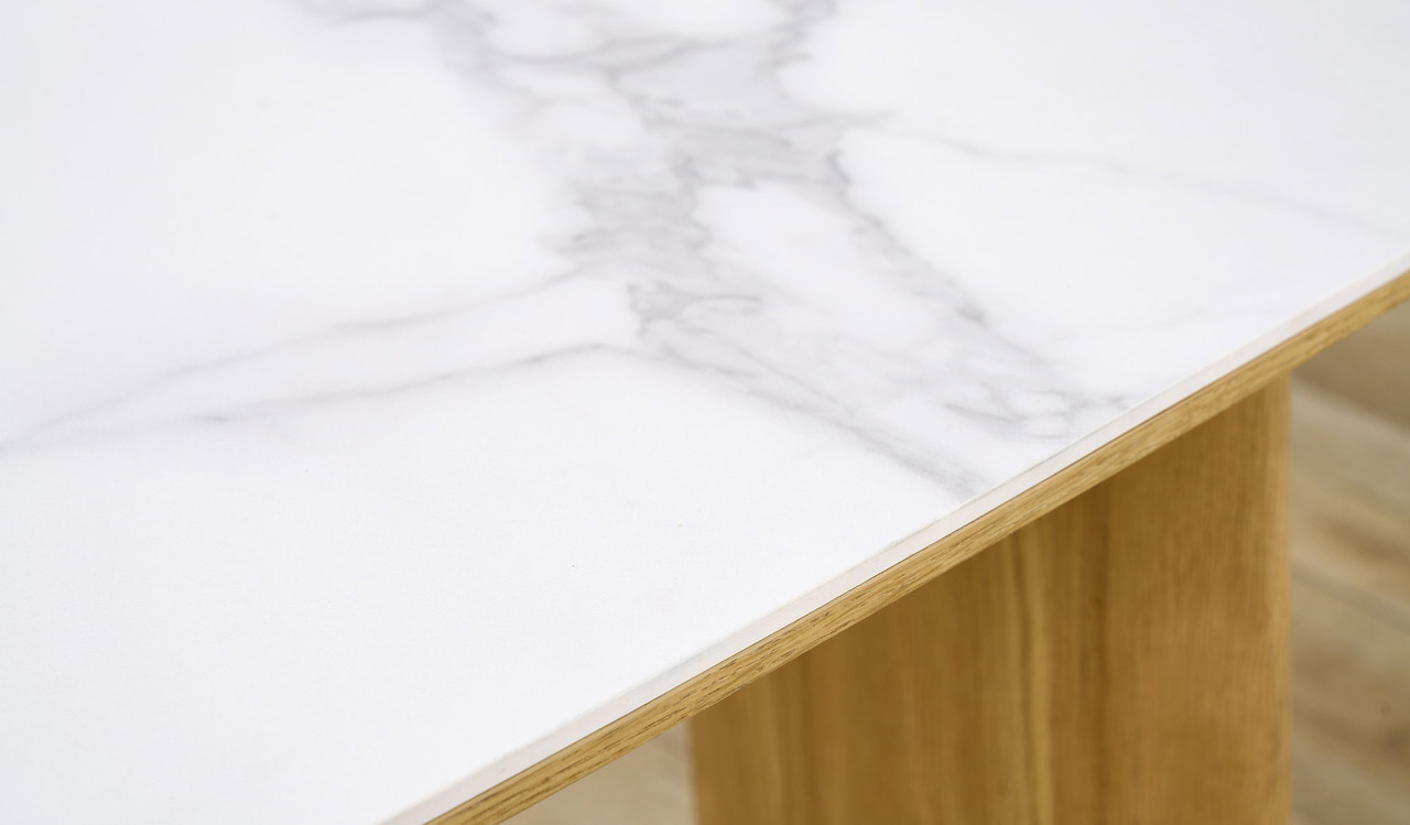 Cara hall table with matte white carrara-look ceramic top and natural oak finish, slim contemporary hallway table