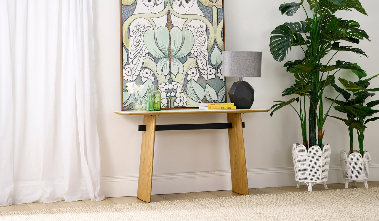 Cara hall table with matte white carrara-look ceramic top and natural oak finish, slim contemporary hallway table