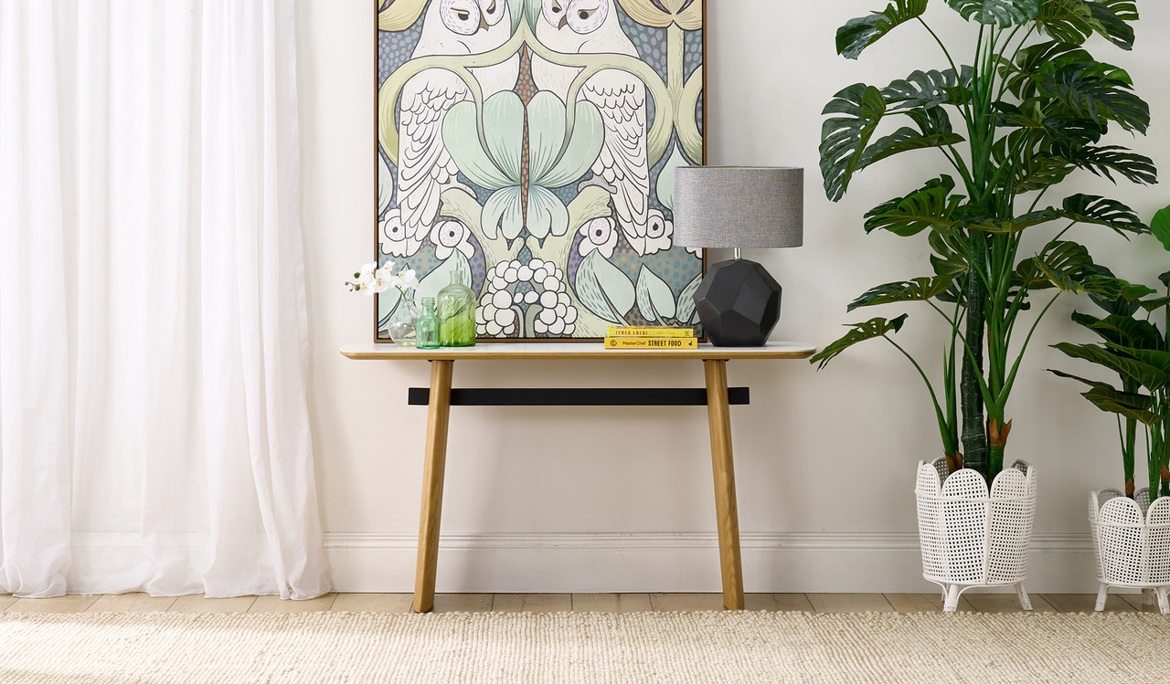 Cara hall table with matte white carrara-look ceramic top and natural oak finish, slim contemporary hallway table