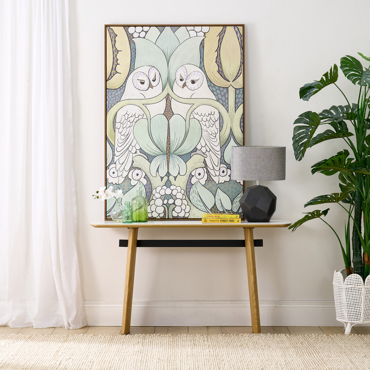 Cara hall table with matte white carrara-look ceramic top and natural oak finish, slim contemporary hallway table