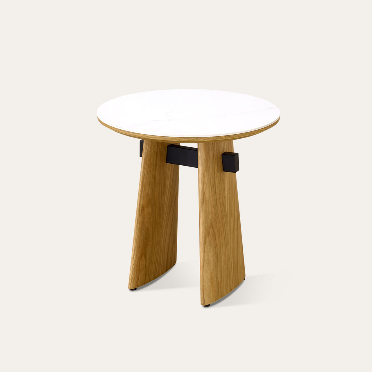 Cara lamp table with matte white carrara-look ceramic top and natural oak finish, modern round side table