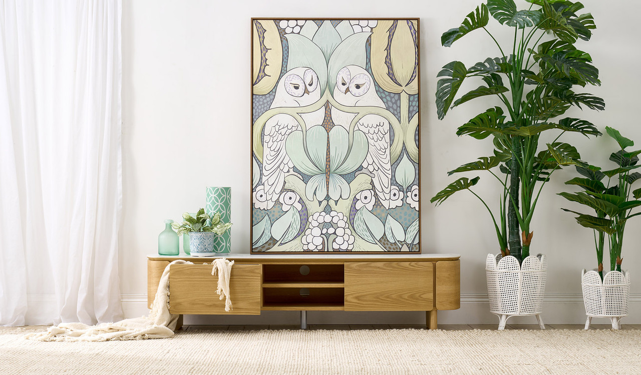 Cara entertainment unit with matte white carrara-look ceramic top and natural oak finish, two-door TV cabinet with open shelving