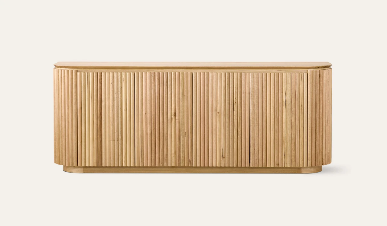Carrera buffet in Tasmanian oak timber with fluted detailing, curved silhouette, and natural water-based finish, modern timber buffet cabinet