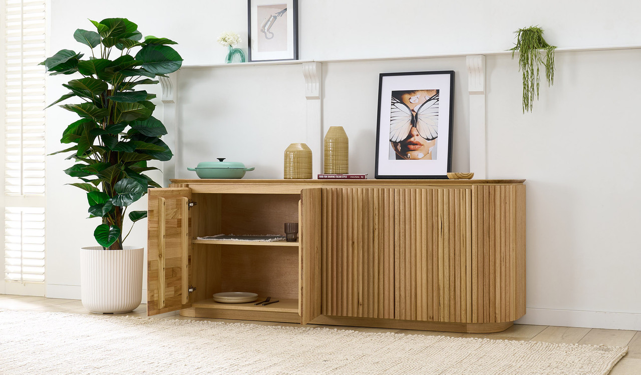 Carrera buffet in Tasmanian oak timber with fluted detailing, curved silhouette, and natural water-based finish, modern timber buffet cabinet