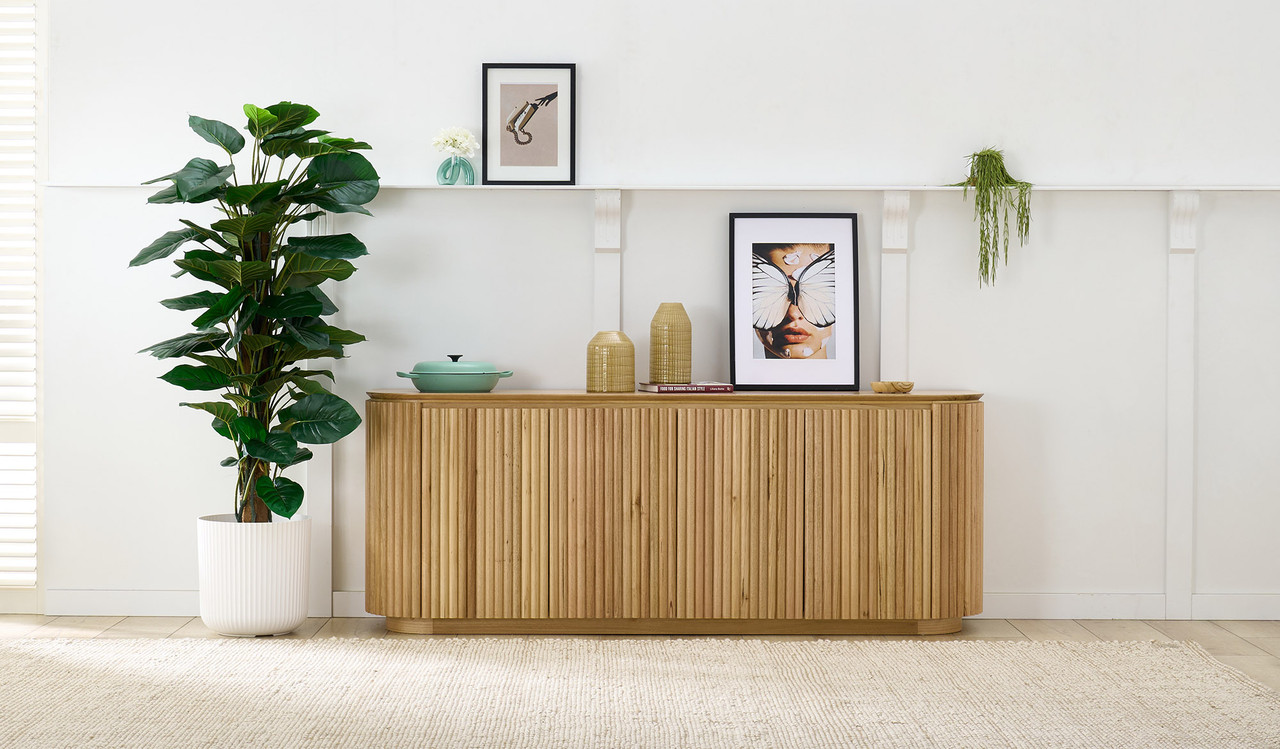 Carrera buffet in Tasmanian oak timber with fluted detailing, curved silhouette, and natural water-based finish, modern timber buffet cabinet