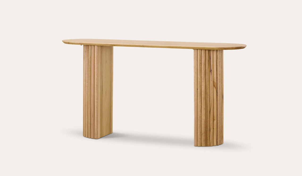 Carrera hall table in Tasmanian oak timber with fluted detailing, curved silhouette, and natural water-based finish, modern timber console table