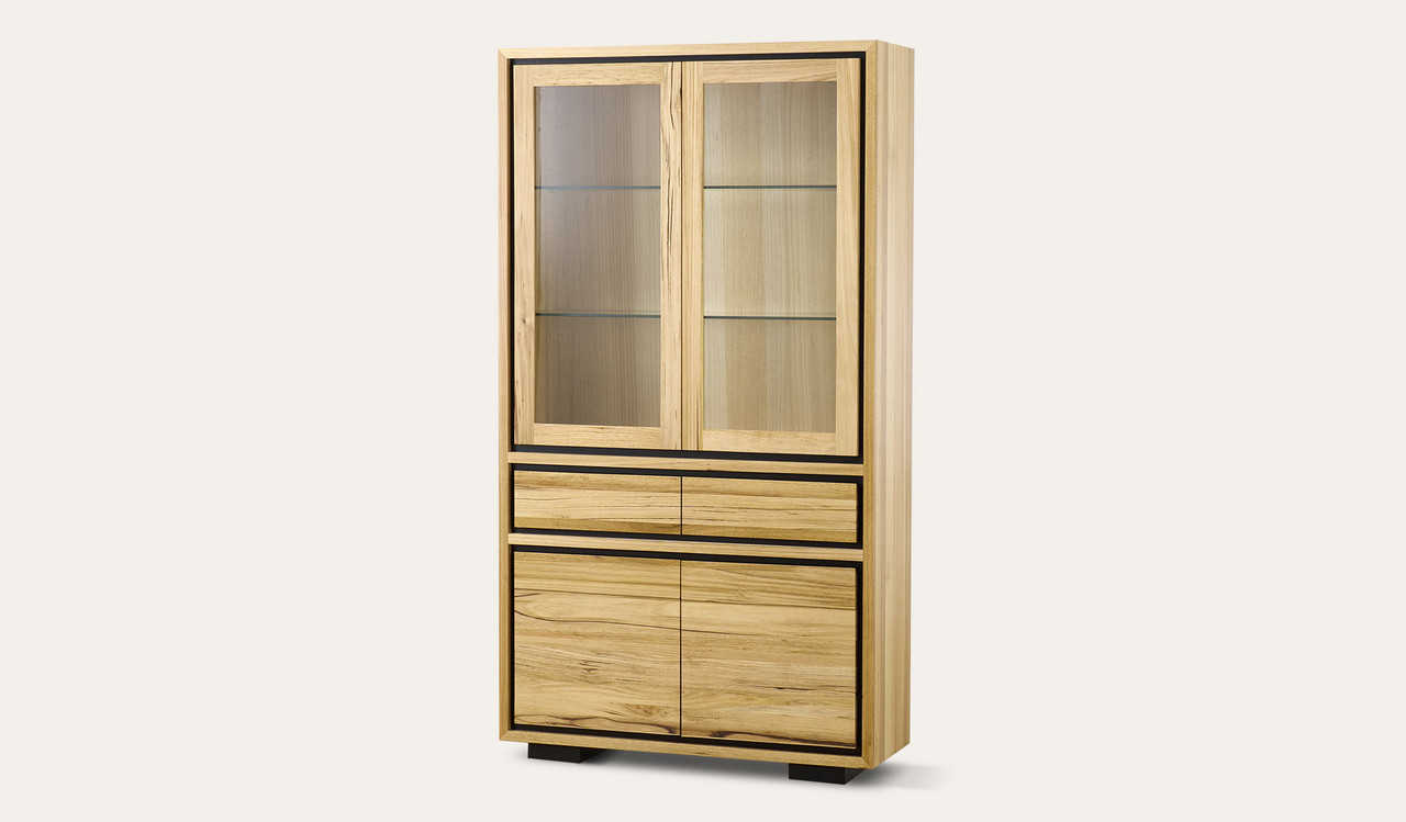 Eden display unit in sustainable Australian messmate timber with sleek modern edges, shelving, and black detailing, contemporary timber storage and display cabinet