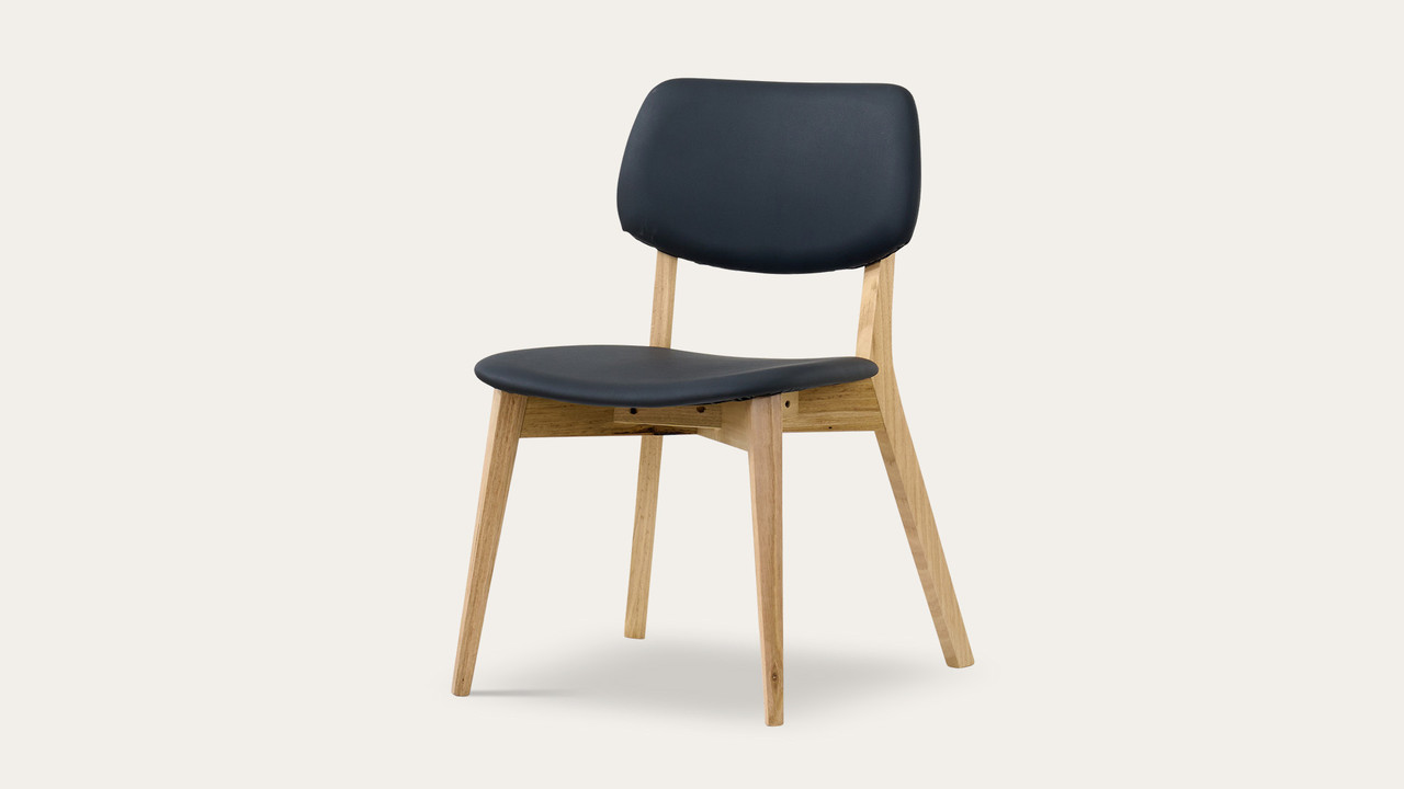 Eden dining chair in sustainable Australian messmate timber with black PU seat and back, modern timber dining chair