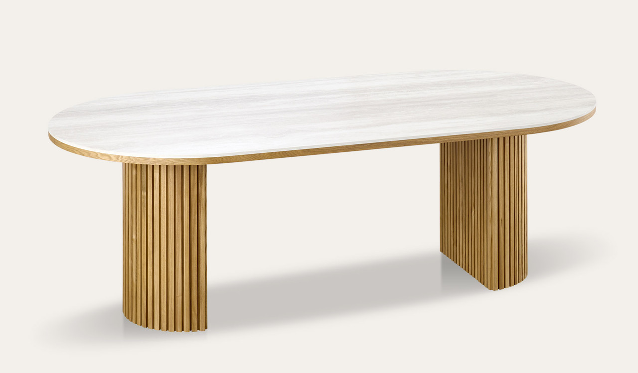 Eclipse dining table with travertine ceramic top, ash mountain grain detail, and half column slatted base in matte black or natural finish