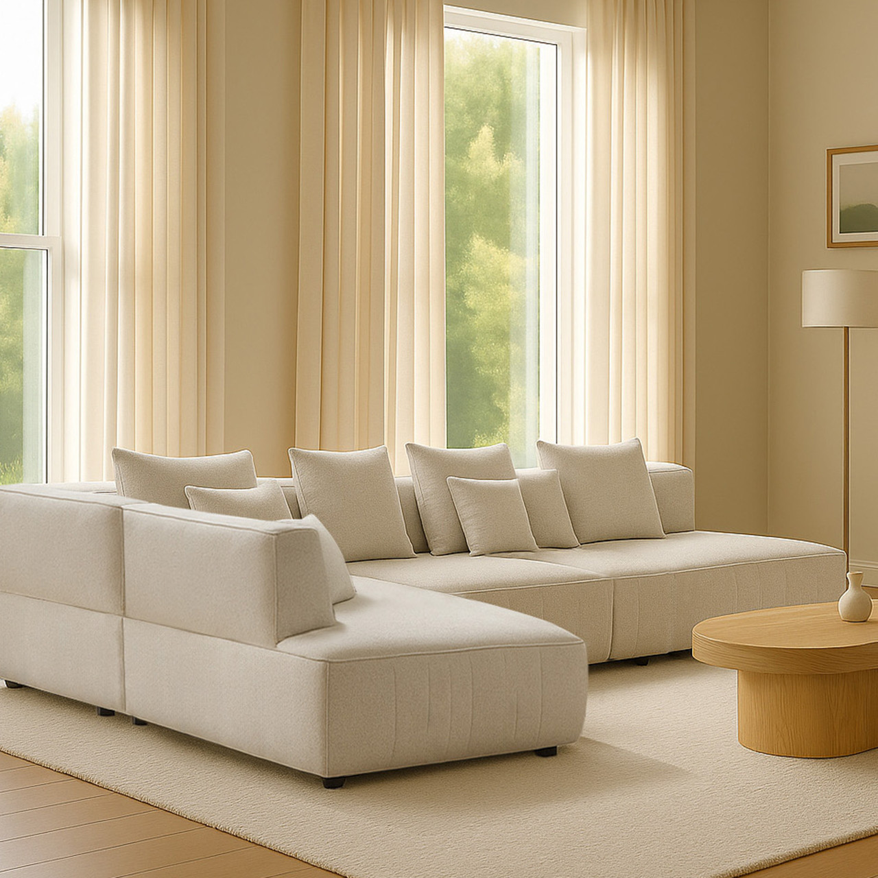 Monterey modular lounge in soft-touch fabric with deep seats, lumbar support, and scatter cushions, modern sectional sofa for contemporary living rooms