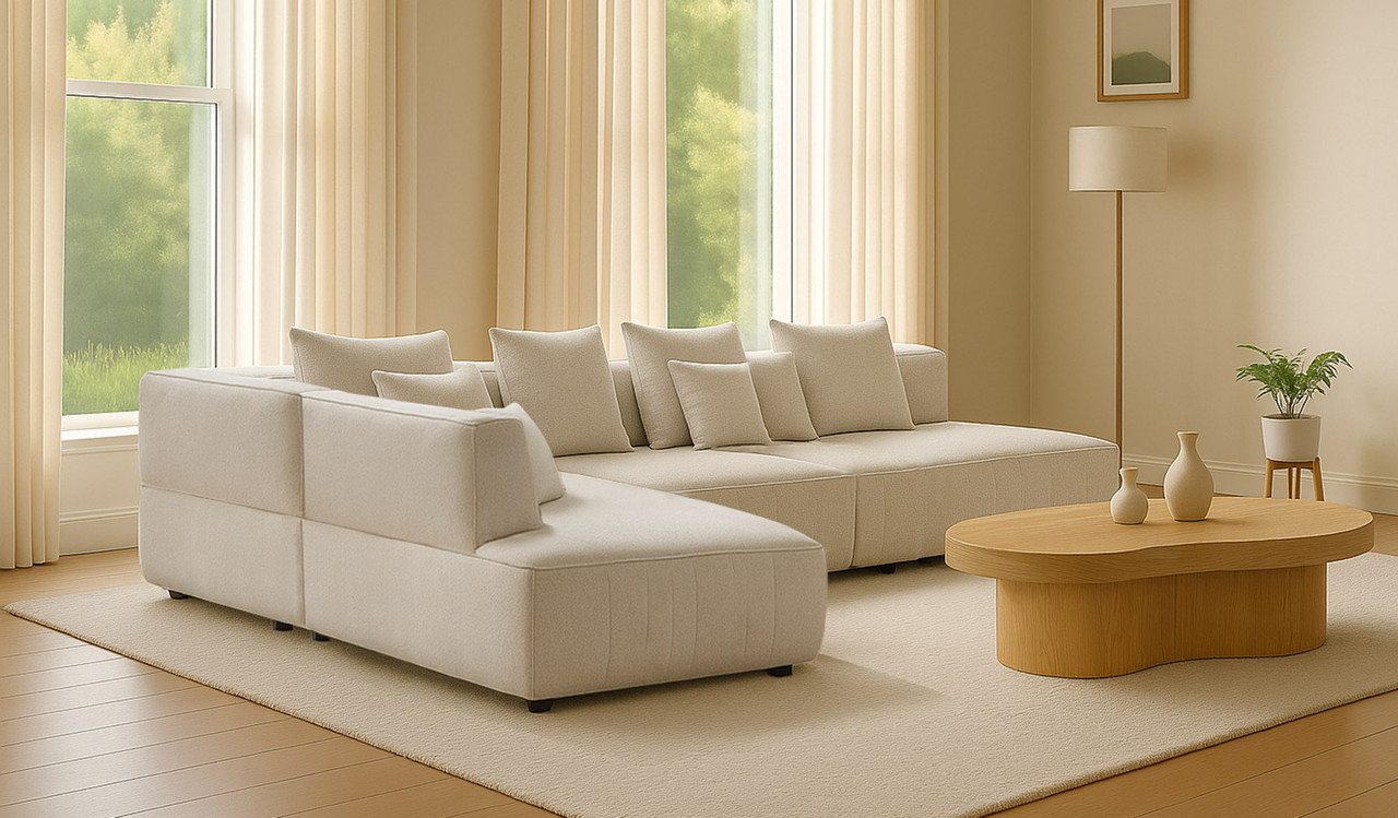 Monterey modular lounge in soft-touch fabric with deep seats, lumbar support, and scatter cushions, modern sectional sofa for contemporary living rooms